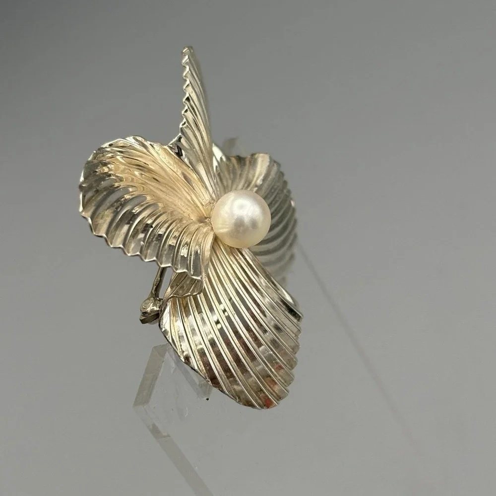 Vintage Sterling Silver 925 Brooch Pin with Cultured Pearl Flower Fluted MCM